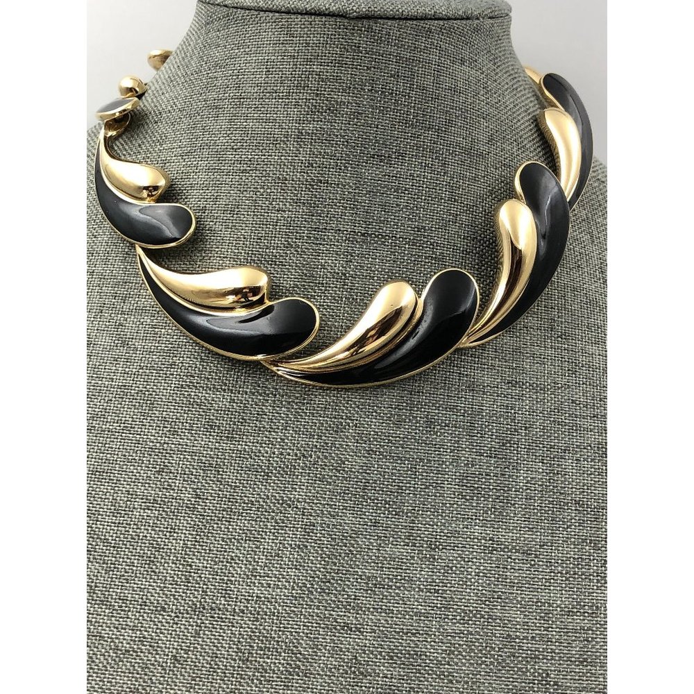 Trifari Choker Style Necklace in Gold Tone and Black Enamel and earrings